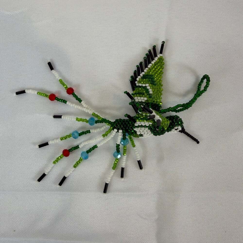 BEADED HUMMINGBIRD , HAND MADE , Approx. 5" ,  ONE PIECE , Green